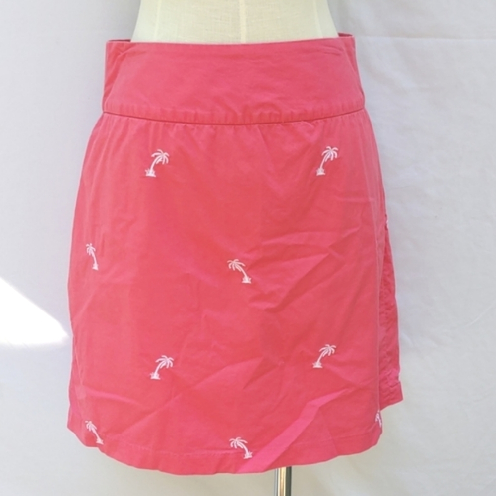 Castaway cotton blend skirt, pink with white palm trees, zip back, sz 4